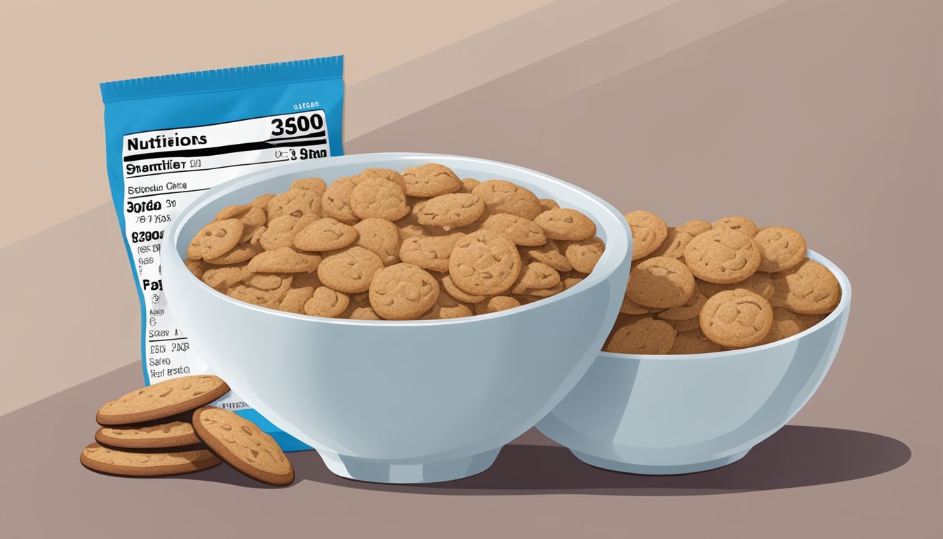 A bowl of All Bran and a bowl of Cookie Crisp side by side, with a measuring tape and a nutrition label next to each