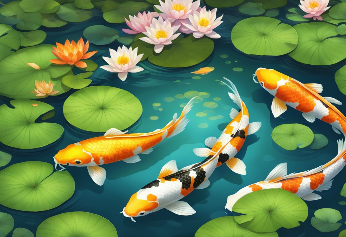 A tranquil pond with vibrant koi of various colors and patterns swimming gracefully among lily pads and water plants