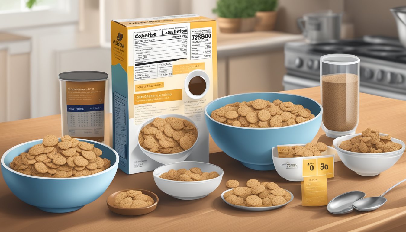 A bowl of All-Bran and a bowl of Cookie Crisp on a kitchen table, surrounded by measuring cups and nutrition labels