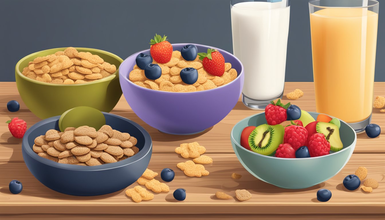 A bowl of All Bran cereal next to a bowl of Cookie Crisp on a wooden table, surrounded by a variety of fruits and a glass of milk