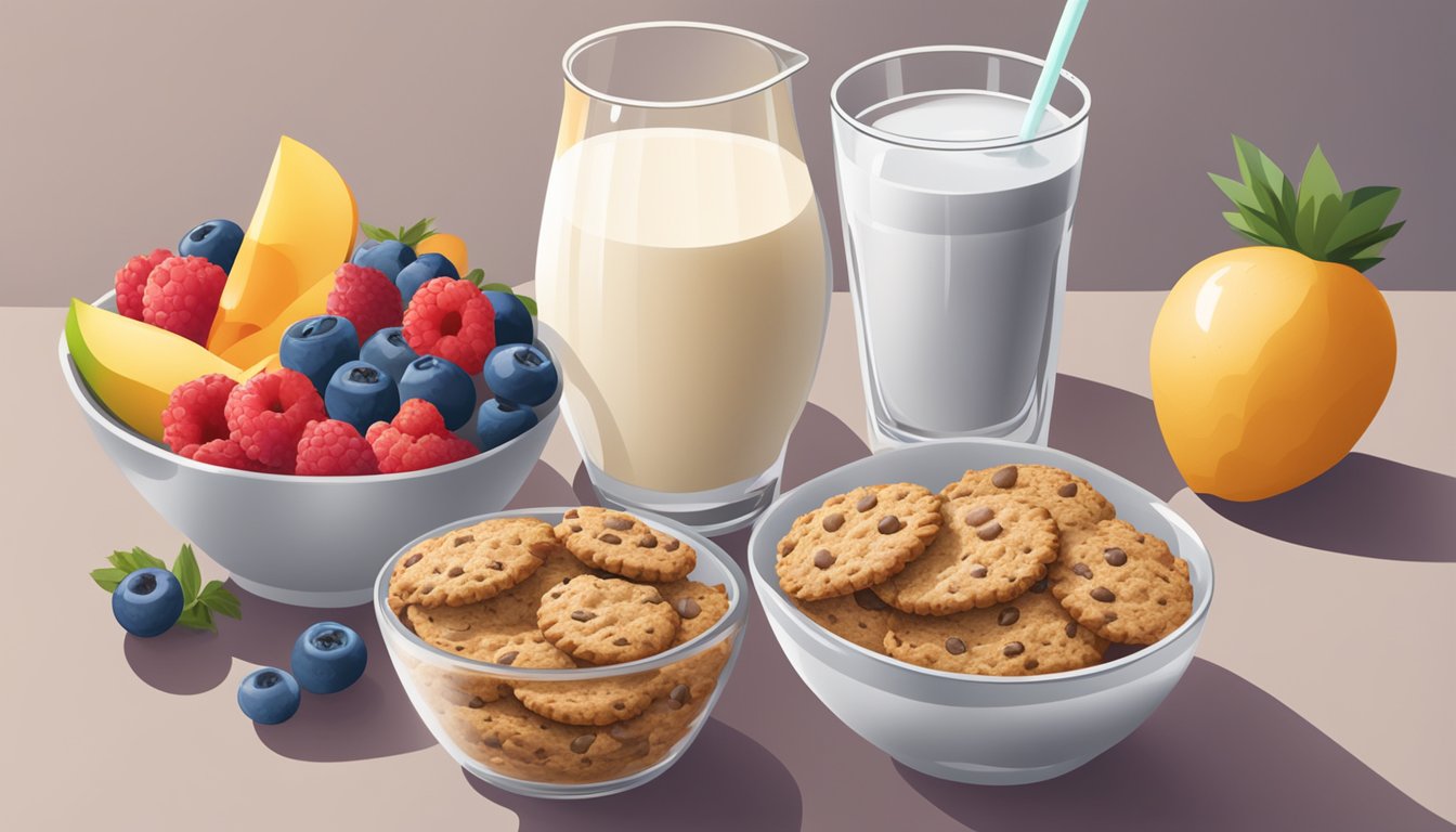 A bowl of All-Bran next to a bowl of Cookie Crisp, surrounded by fresh fruit and a glass of milk