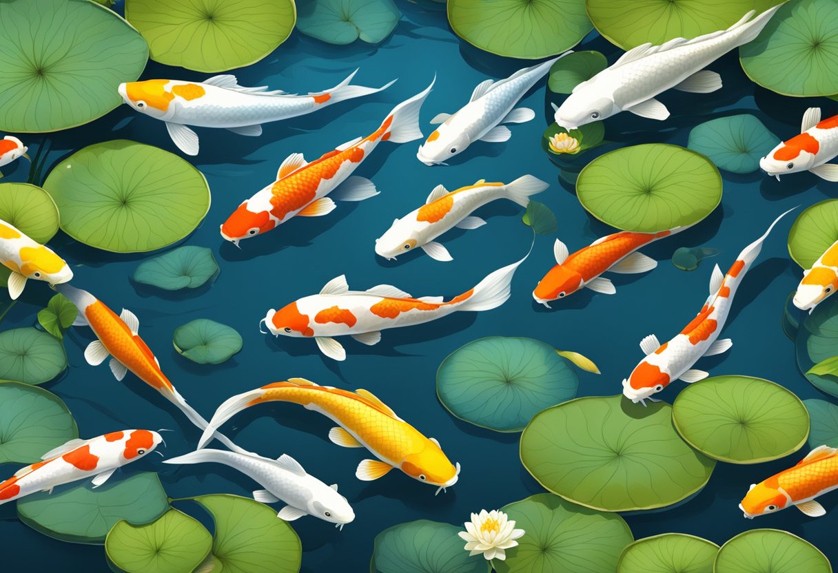 A pond filled with various koi fish varieties swimming gracefully among water lilies and colorful aquatic plants