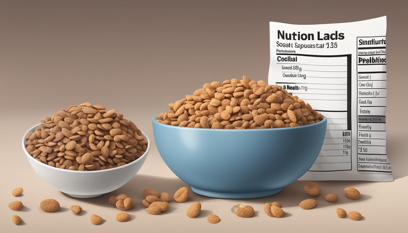 A bowl of All Bran and a bowl of Cocoa Pebbles side by side, with a measuring tape and a nutrition label in the background