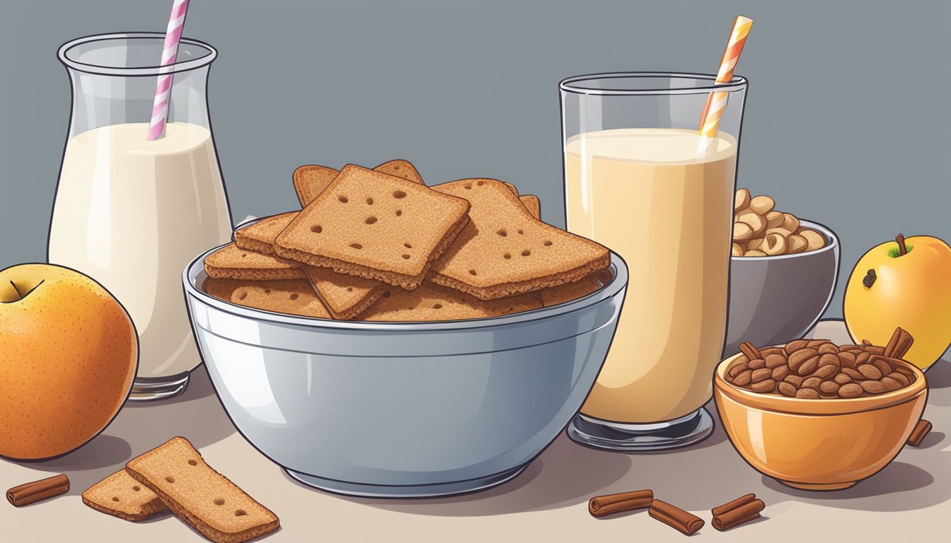 A bowl of All Bran next to a bowl of Cinnamon Toast Crunch, surrounded by various fruits and a glass of milk