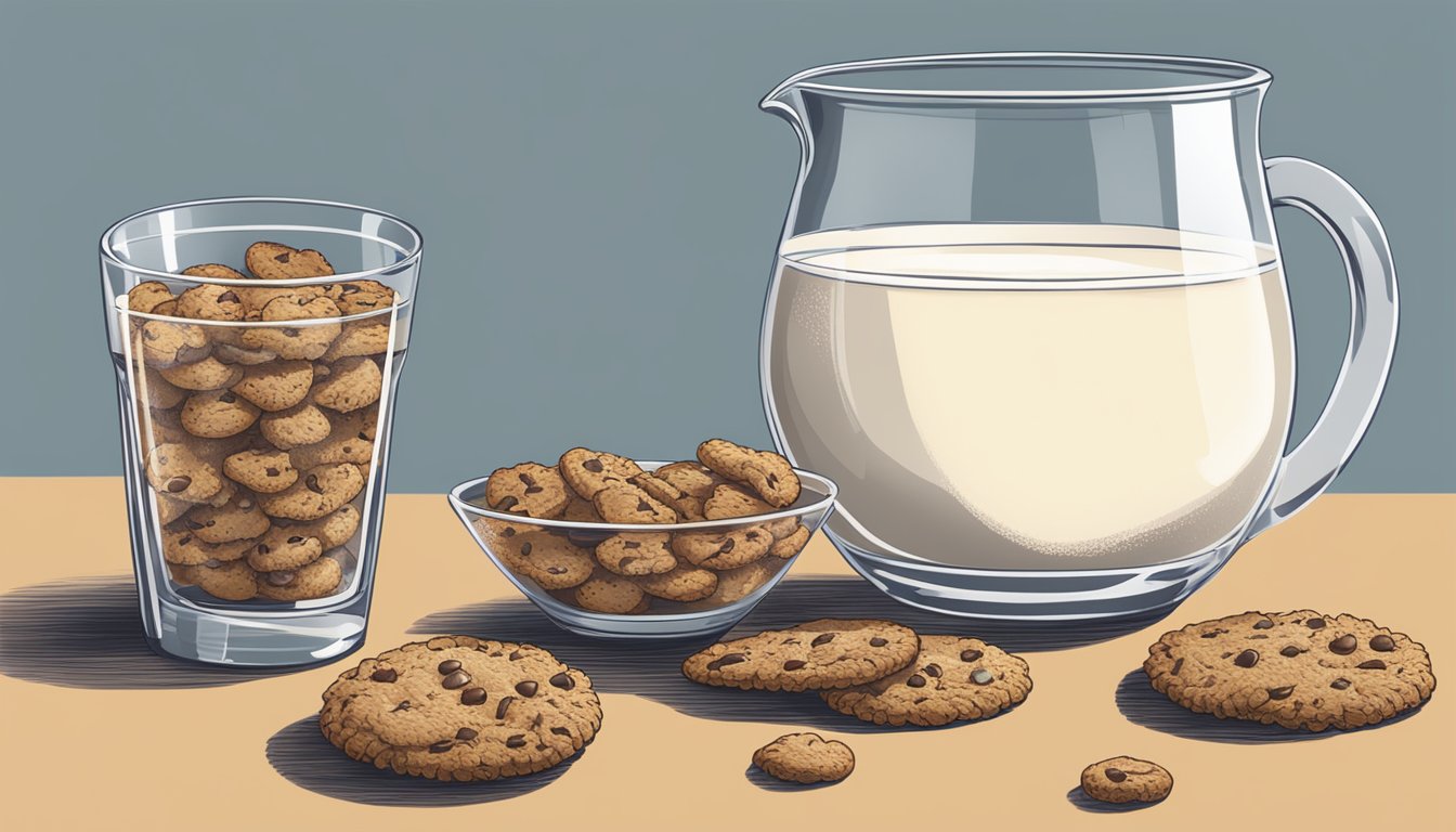 A bowl of All Bran and a bowl of Cookie Crisp sit side by side on a table, surrounded by a glass of water and a glass of milk