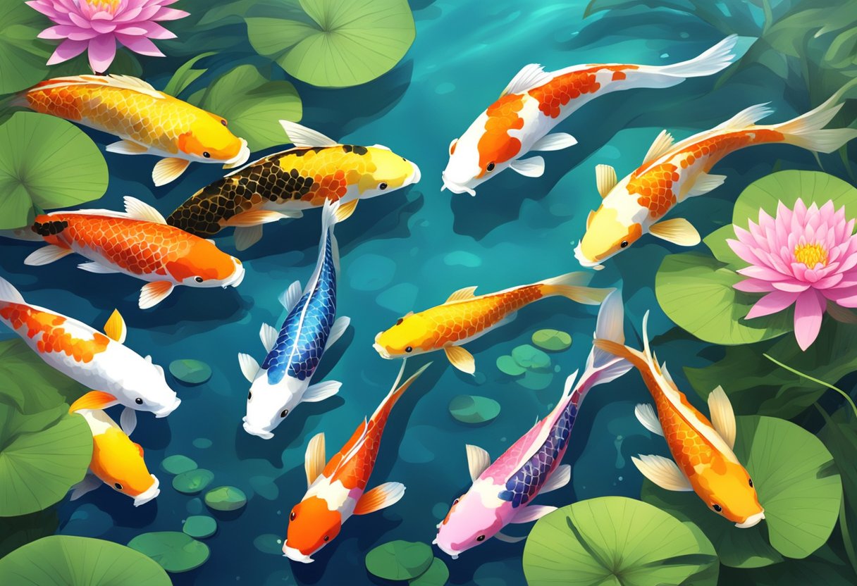 A serene pond with colorful koi swimming gracefully among vibrant aquatic plants, their scales shimmering in the sunlight