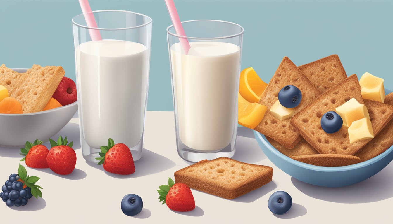 A bowl of All Bran and Cinnamon Toast Crunch side by side, surrounded by fresh fruits and a glass of milk