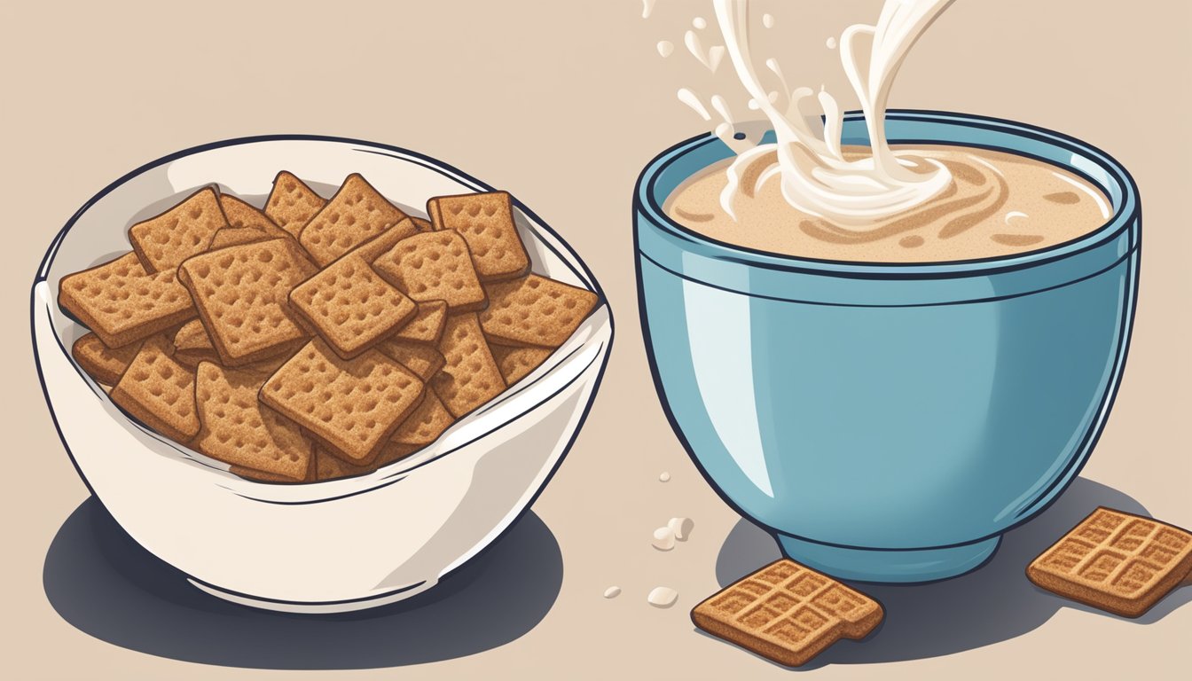 A bowl of all-bran and a bowl of cinnamon toast crunch side by side, with fresh milk being poured over them