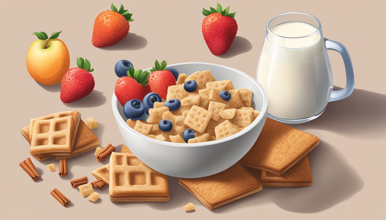 A bowl of All Bran and a bowl of Cinnamon Toast Crunch next to each other, surrounded by fresh fruits and a glass of milk