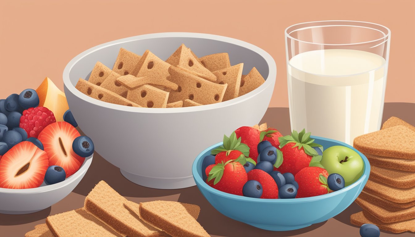 A bowl of All Bran and a bowl of Cinnamon Toast Crunch side by side, surrounded by a variety of fresh fruits and a glass of milk