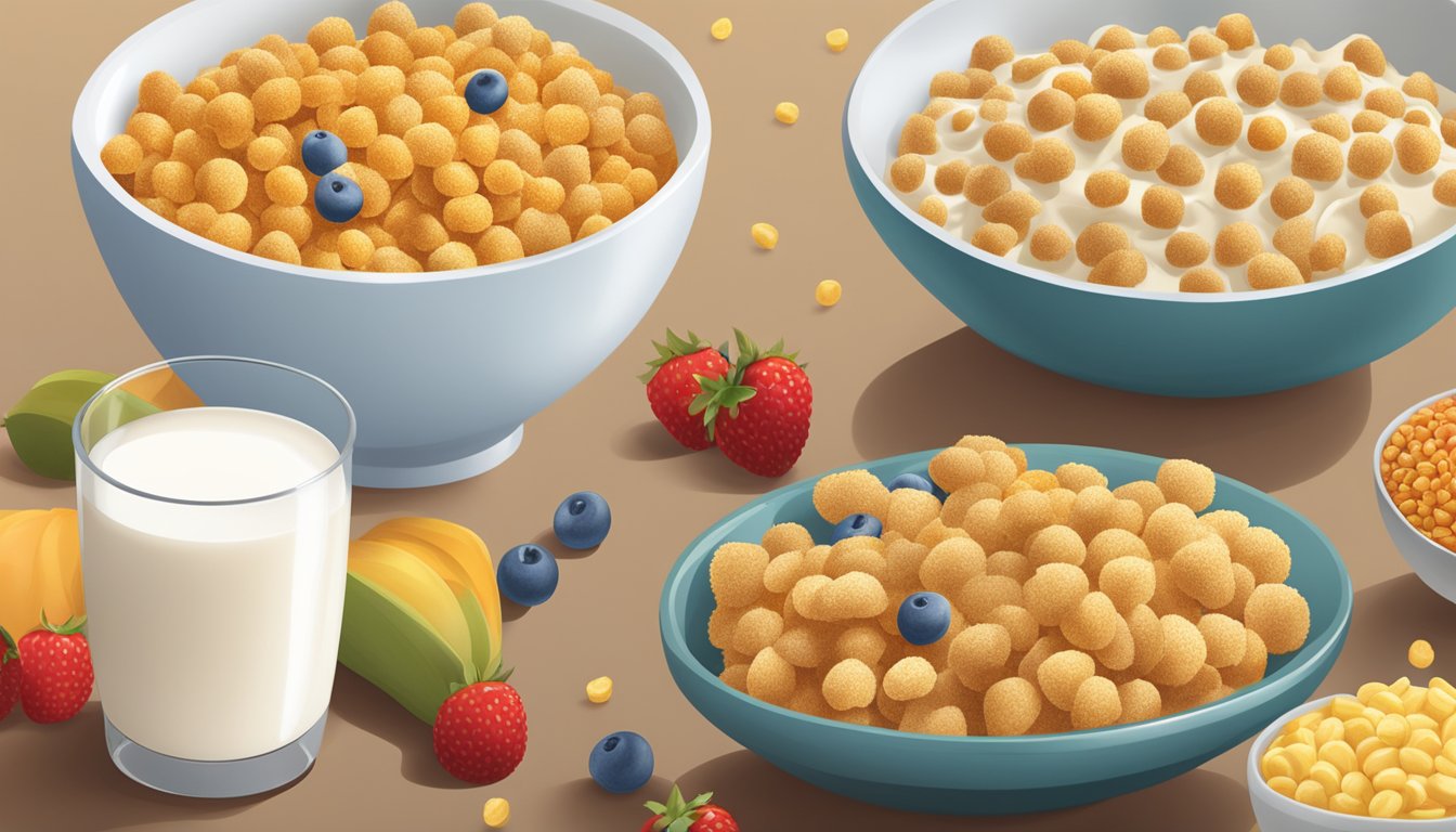 A bowl of All-Bran and a bowl of Corn Pops side by side, surrounded by various fruits and a glass of milk