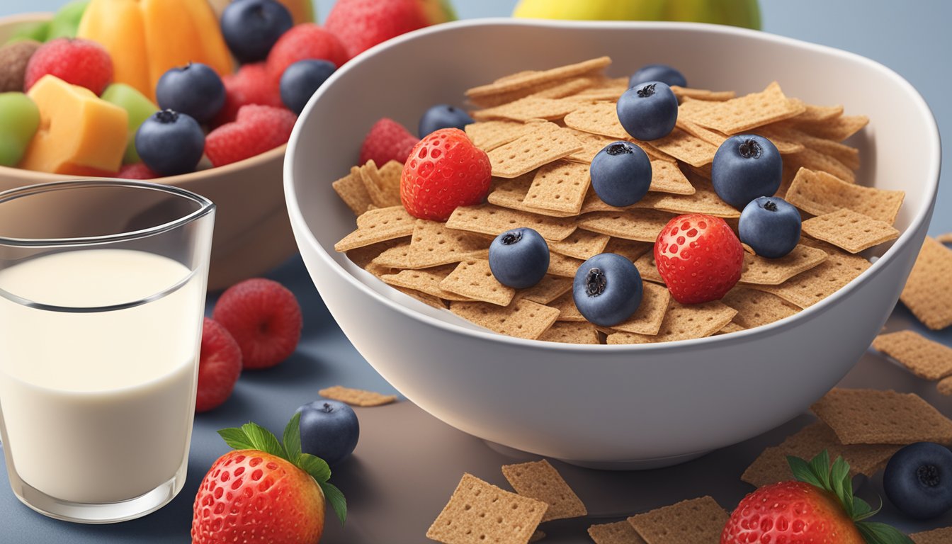 A bowl of All-Bran and Crispix side by side, surrounded by fresh fruits and a glass of milk, with a measuring tape nearby