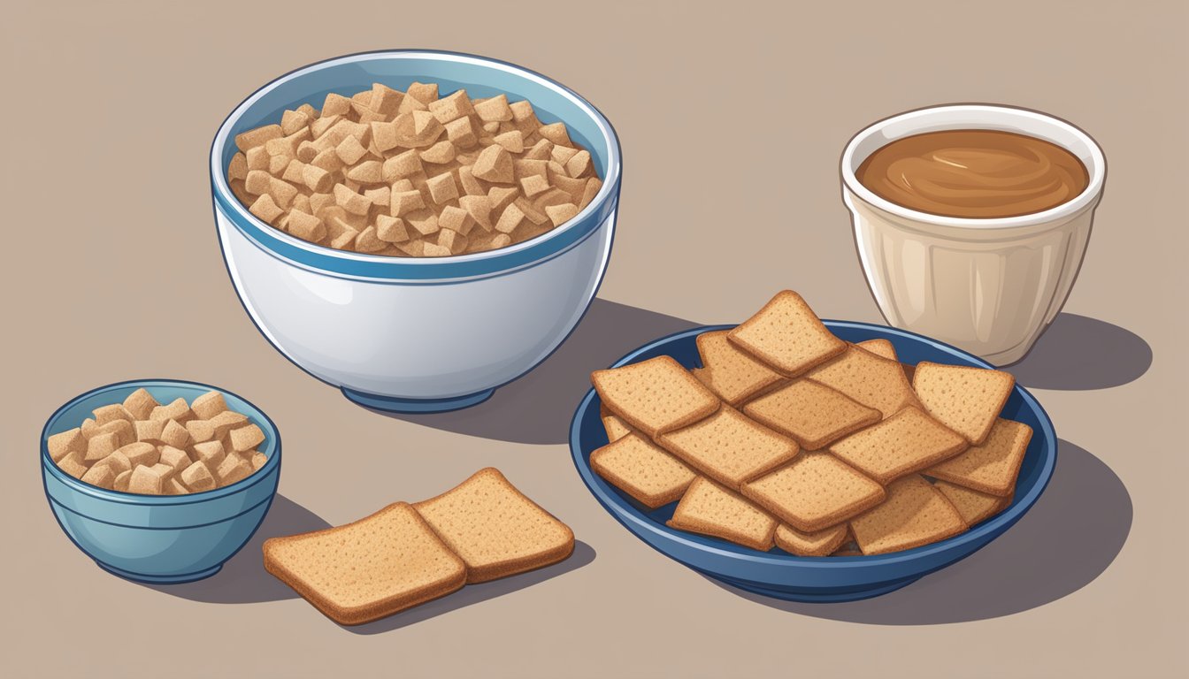 A bowl of All-Bran and a bowl of Cinnamon Toast Crunch side by side, surrounded by measuring cups and nutritional labels