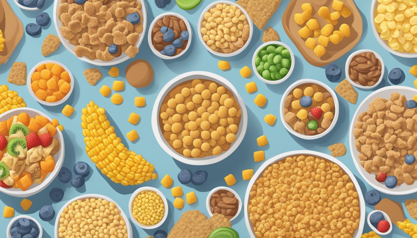 A bowl of All Bran and Corn Pops side by side, surrounded by images of healthy and unhealthy foods