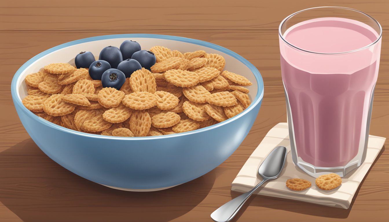 A bowl of Crispix all bran and Crispix cereal side by side, surrounded by fresh fruits and a glass of milk on a wooden table