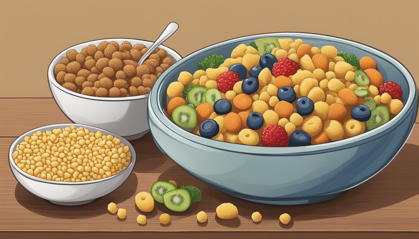 A bowl of All Bran and a bowl of Corn Pops side by side, surrounded by various fruits and vegetables