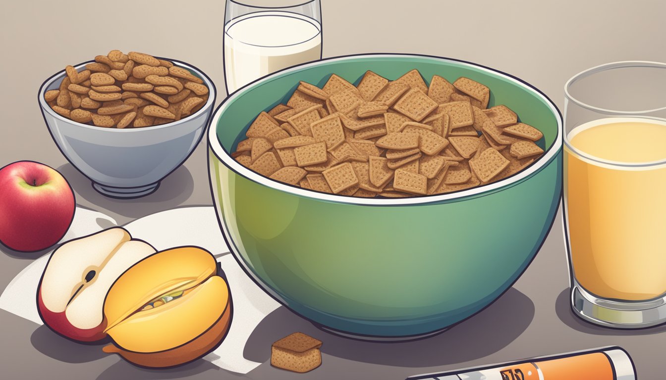 A bowl of All-Bran and a bowl of Crispix side by side, surrounded by various fruits and a glass of milk, with a tape measure and nutritional labels nearby