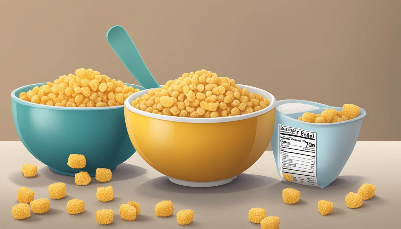 A bowl of All Bran and a bowl of Corn Pops side by side, with a measuring tape and a nutrition label in the background