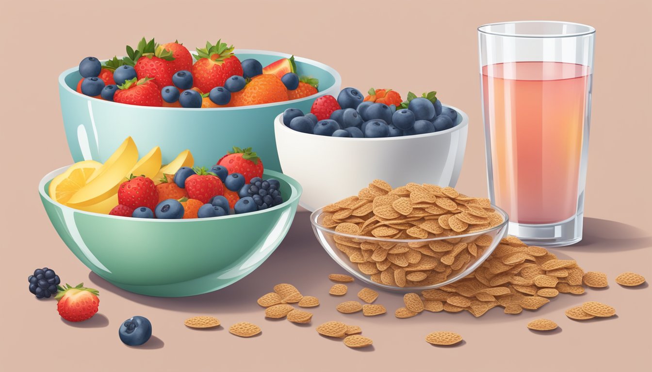 A bowl of All-Bran and a bowl of Crispix side by side, surrounded by fresh fruits and a glass of water