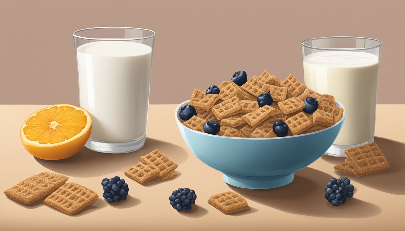 A bowl of All-Bran and a bowl of Crispix sit side by side, surrounded by fresh fruit and a glass of milk