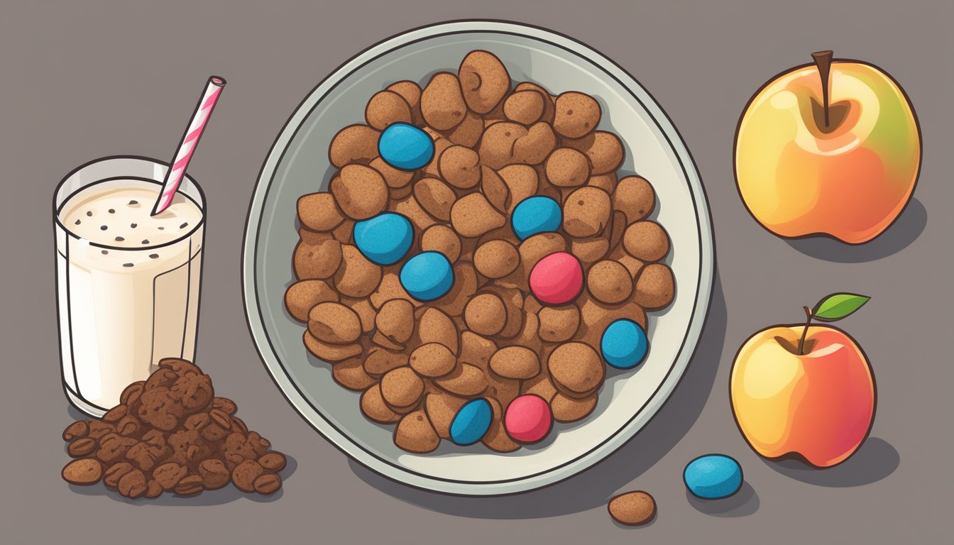 A bowl of All-Bran next to a bowl of Cocoa Puffs, surrounded by a measuring tape, apple, and milk carton