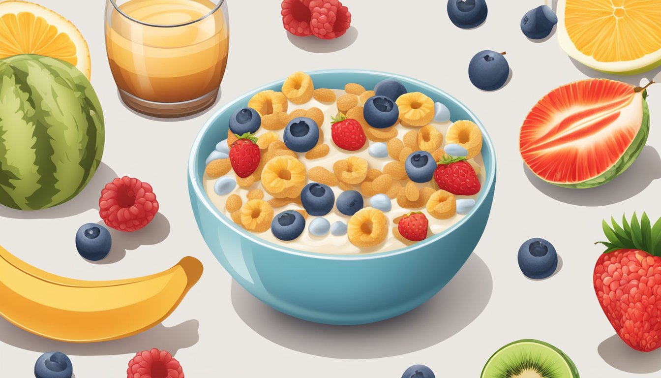 A bowl of both cereals, surrounded by a variety of fresh fruits and a glass of milk