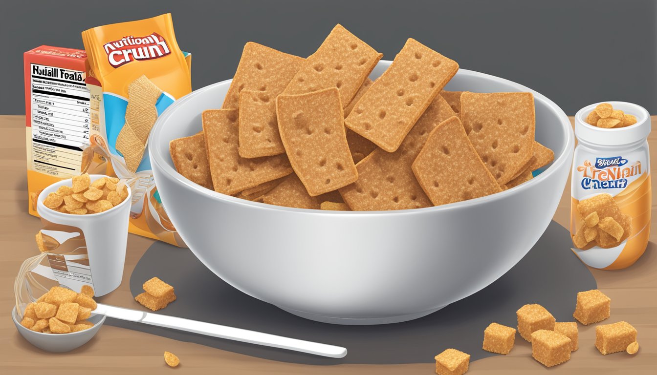 A bowl of All Bran cereal next to a bowl of French Toast Crunch, with a measuring tape and nutritional labels in the background