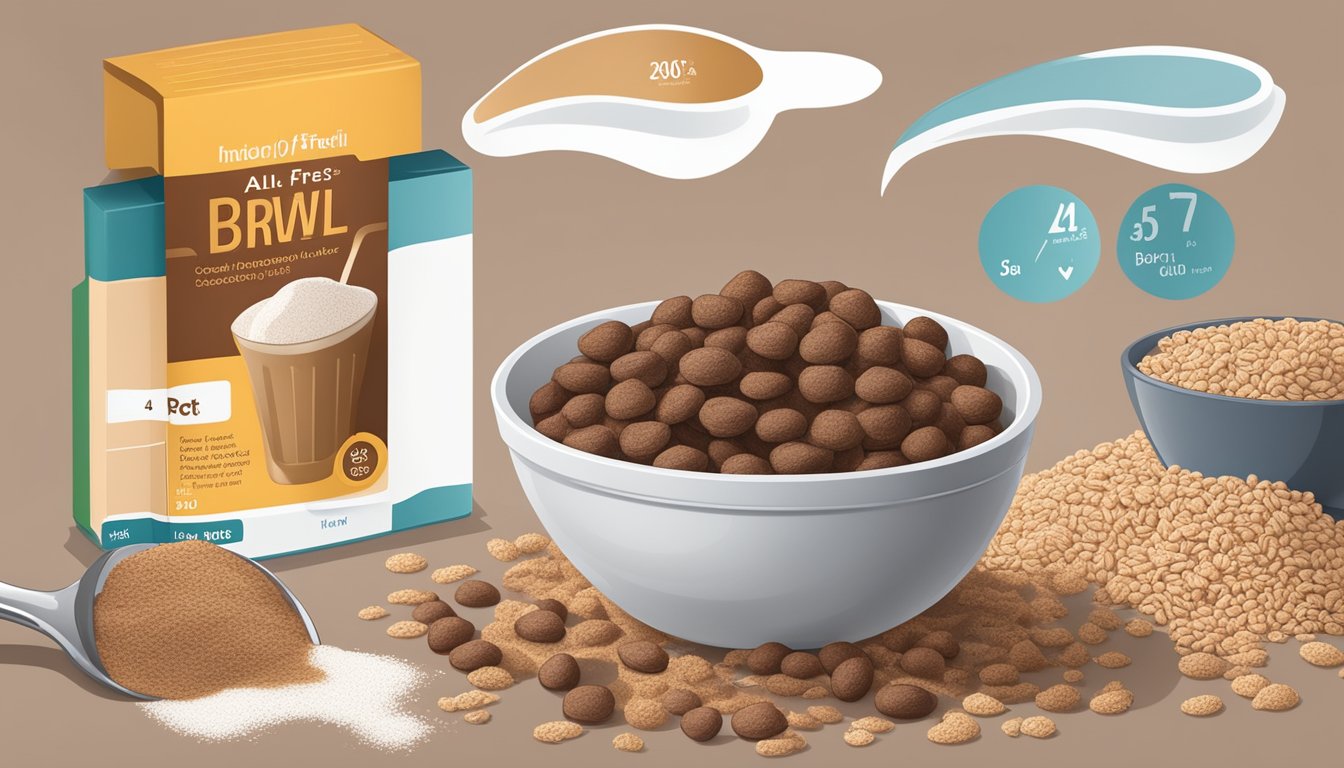 A bowl of All Bran and a bowl of Cocoa Puffs side by side, surrounded by nutritional labels and a scale