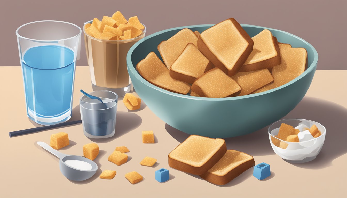 A bowl of All-Bran next to a bowl of French Toast Crunch, surrounded by a tape measure, apple, and a glass of water