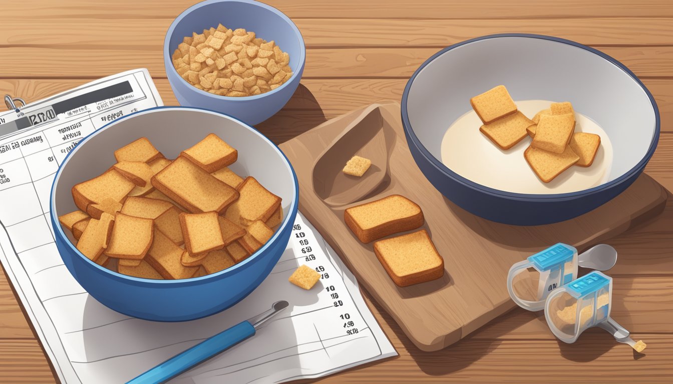 A bowl of All Bran and a bowl of French Toast Crunch sit side by side on a wooden table. A measuring tape, scale, and nutritional information are spread out next to them