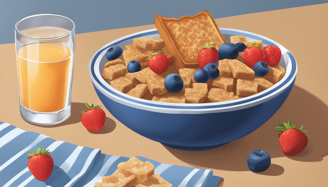 A bowl of All Bran cereal sits next to a plate of French Toast Crunch. Fresh fruit and a glass of water complete the scene