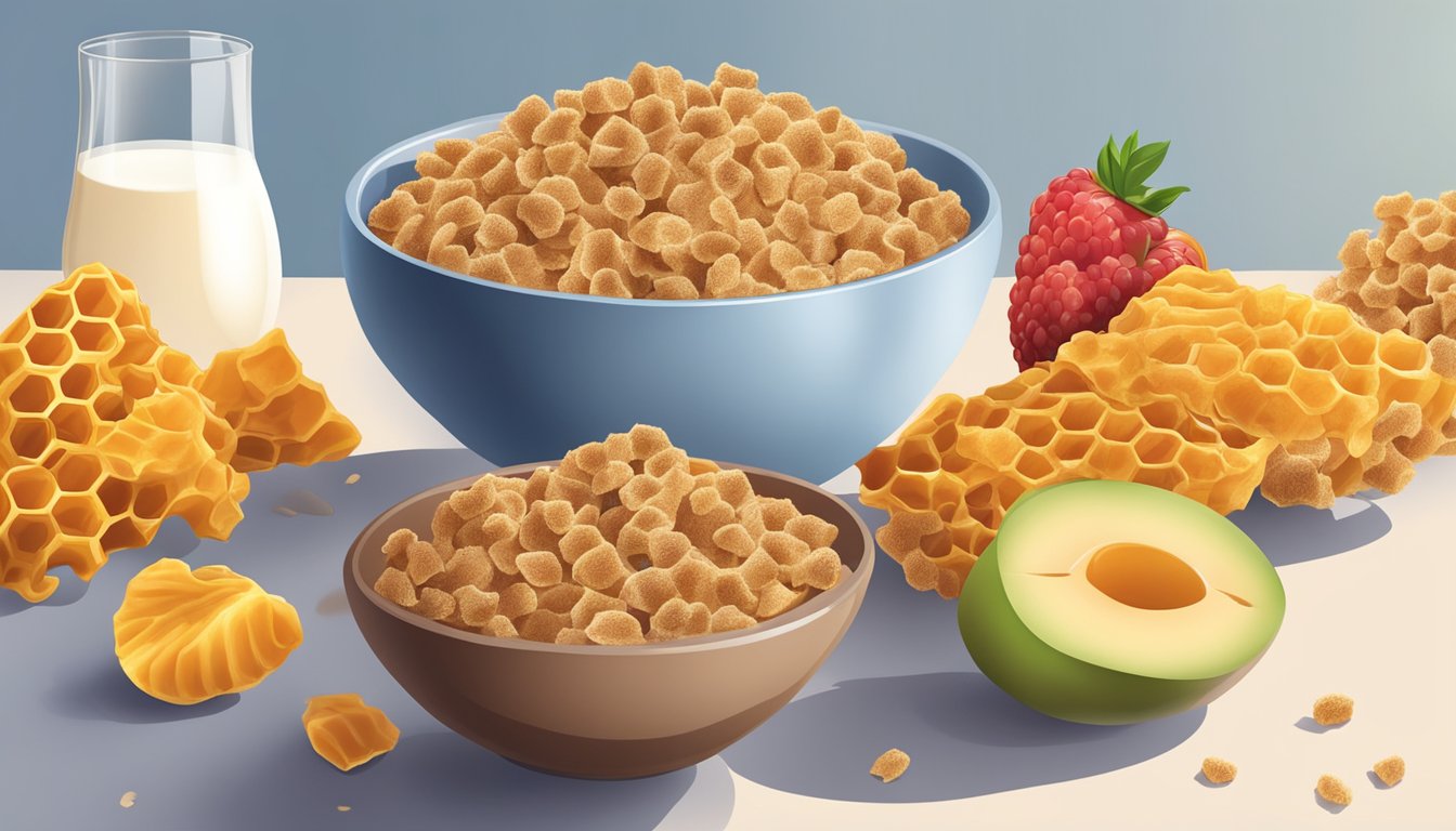 A bowl of All Bran and a bowl of Honeycomb cereal side by side, surrounded by various fruits and a glass of milk