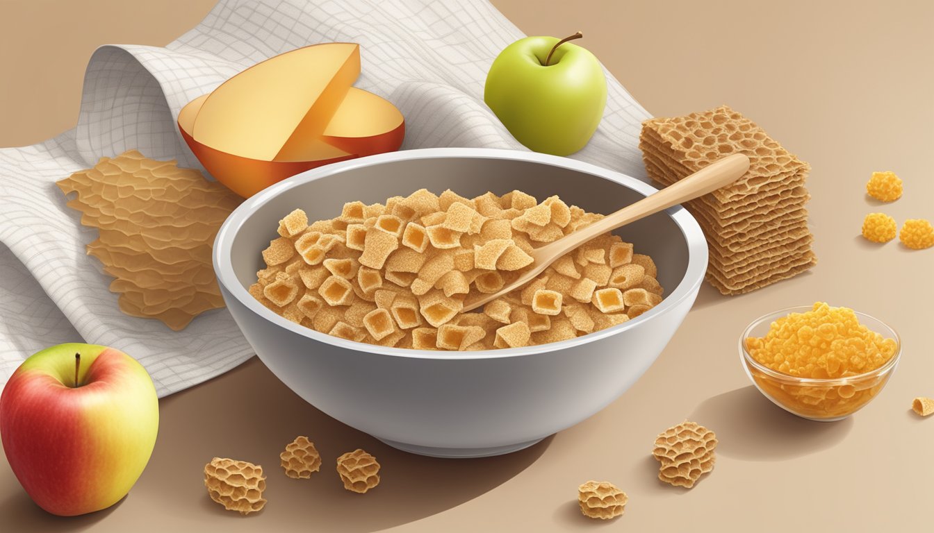 A bowl of All Bran and Honeycomb cereal next to a measuring tape and apple