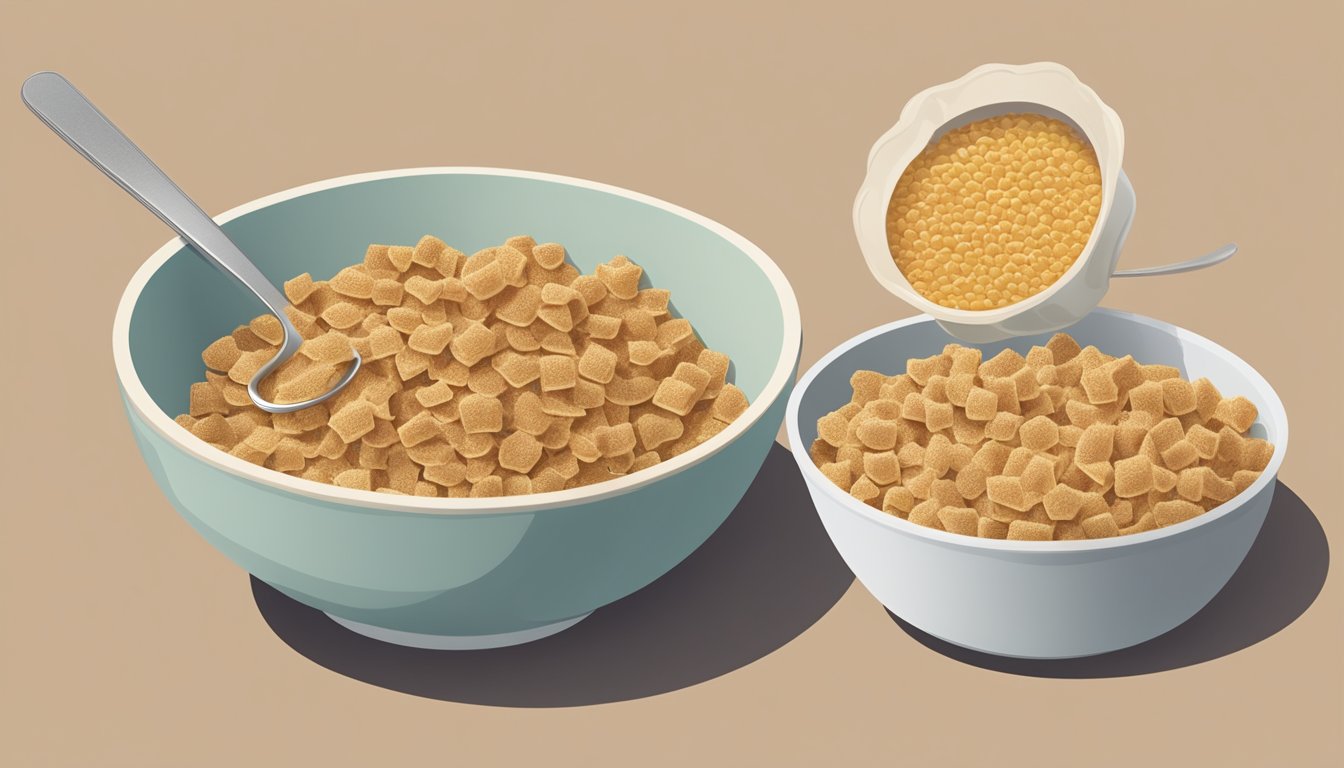 A bowl of All-Bran and a bowl of Honeycomb cereal side by side, with a measuring tape and a nutrition label next to them