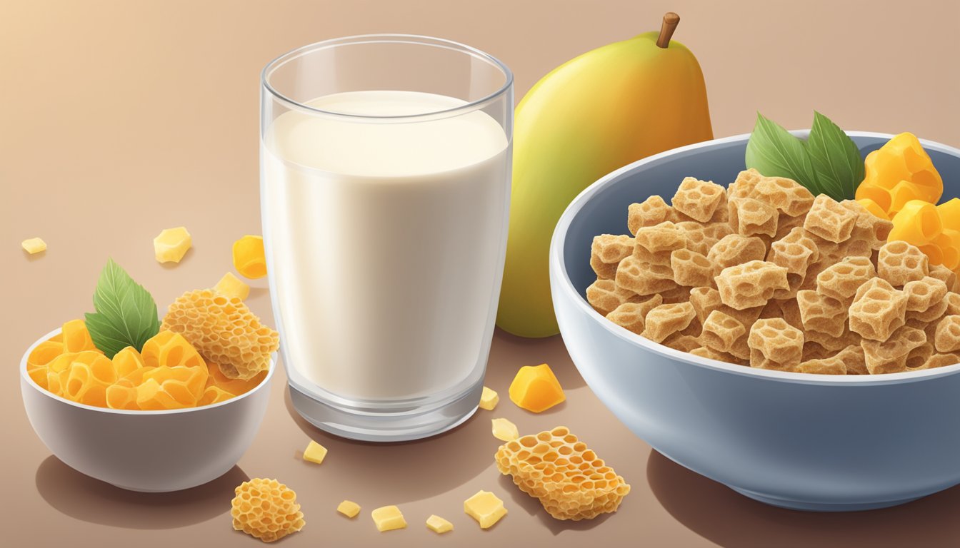 A bowl of All-Bran and Honeycomb cereal next to each other, surrounded by fresh fruits and a glass of milk