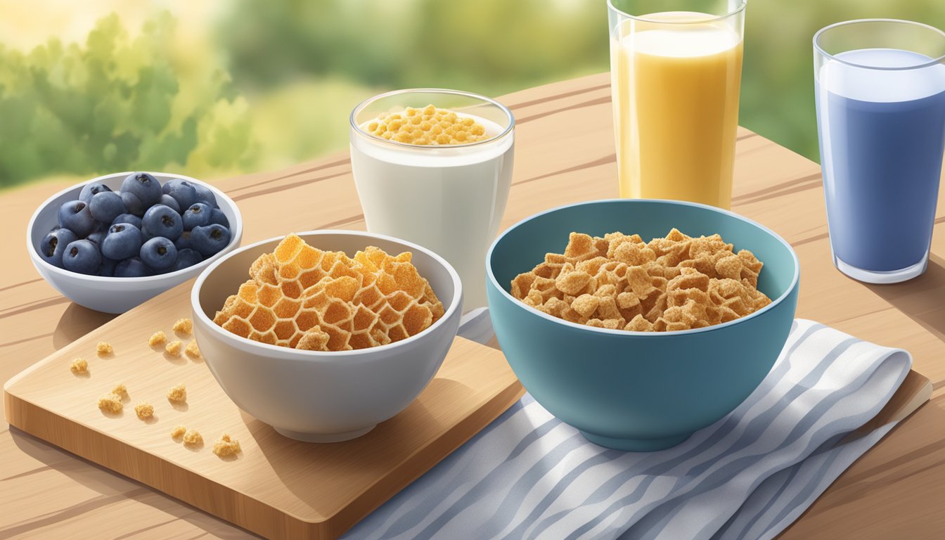 A bowl of All-Bran and a bowl of Honeycomb cereal sit side by side, surrounded by fresh fruit and a glass of milk