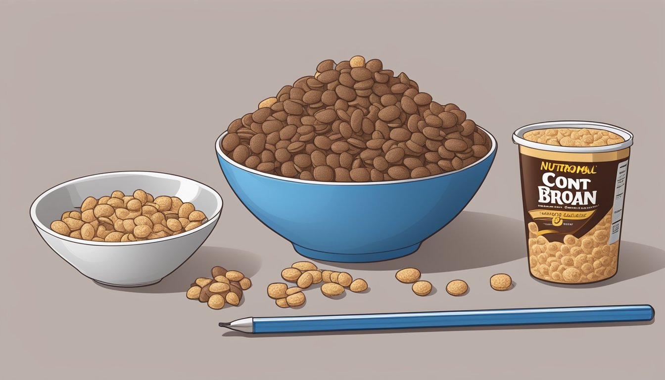 A bowl of All Bran cereal next to a bowl of Count Chocula, with a measuring tape and nutritional labels in the background