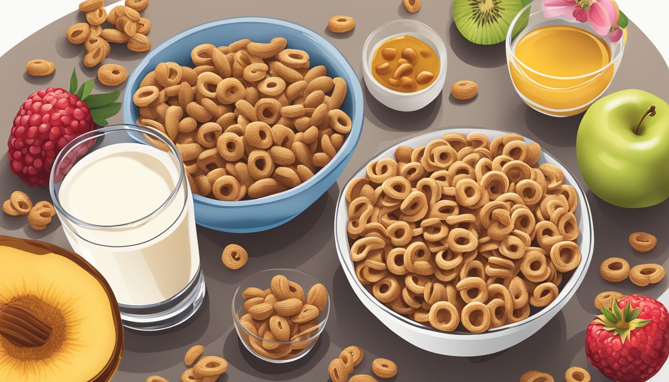 A bowl of All Bran and a bowl of Honey Nut Cheerios side by side, surrounded by fresh fruit and a glass of milk