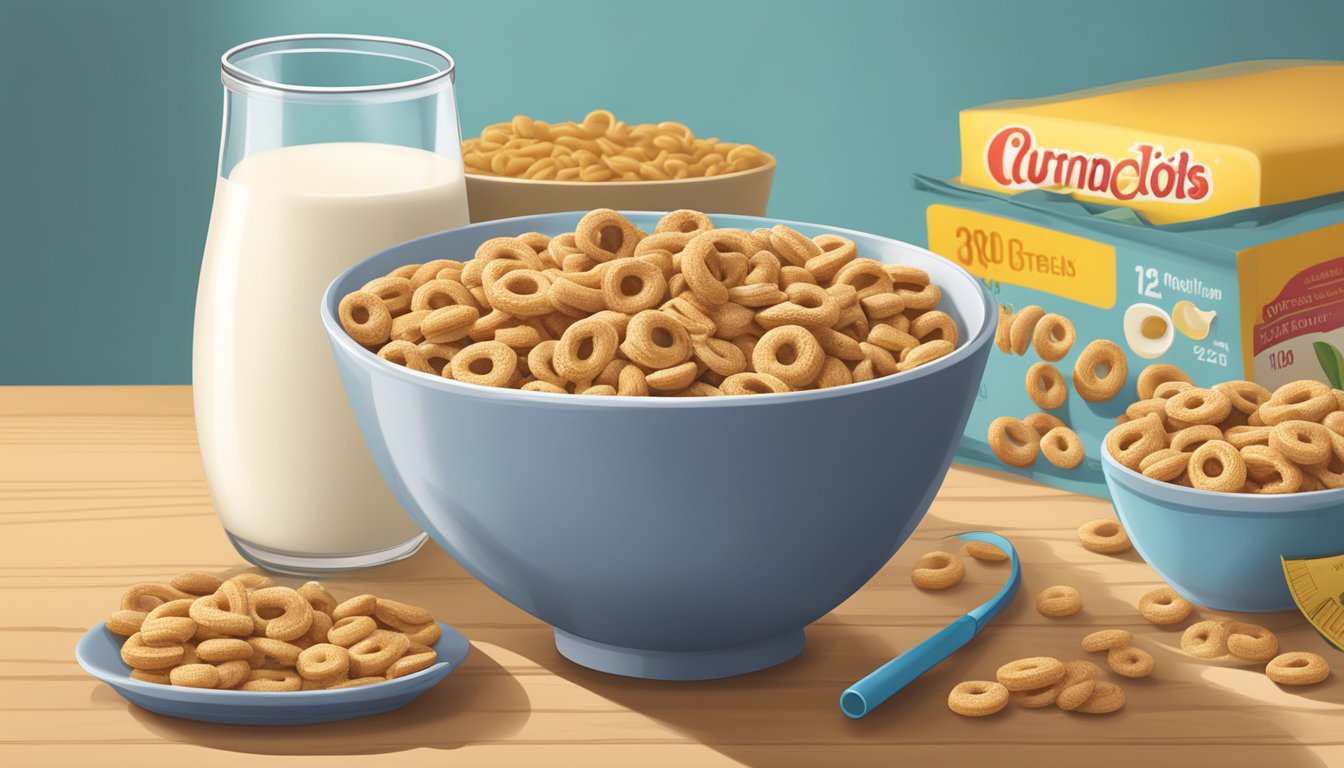 A bowl of all-bran and a bowl of honey nut cheerios surrounded by fresh fruits and a glass of milk, with a measuring tape and a nutrition label in the background