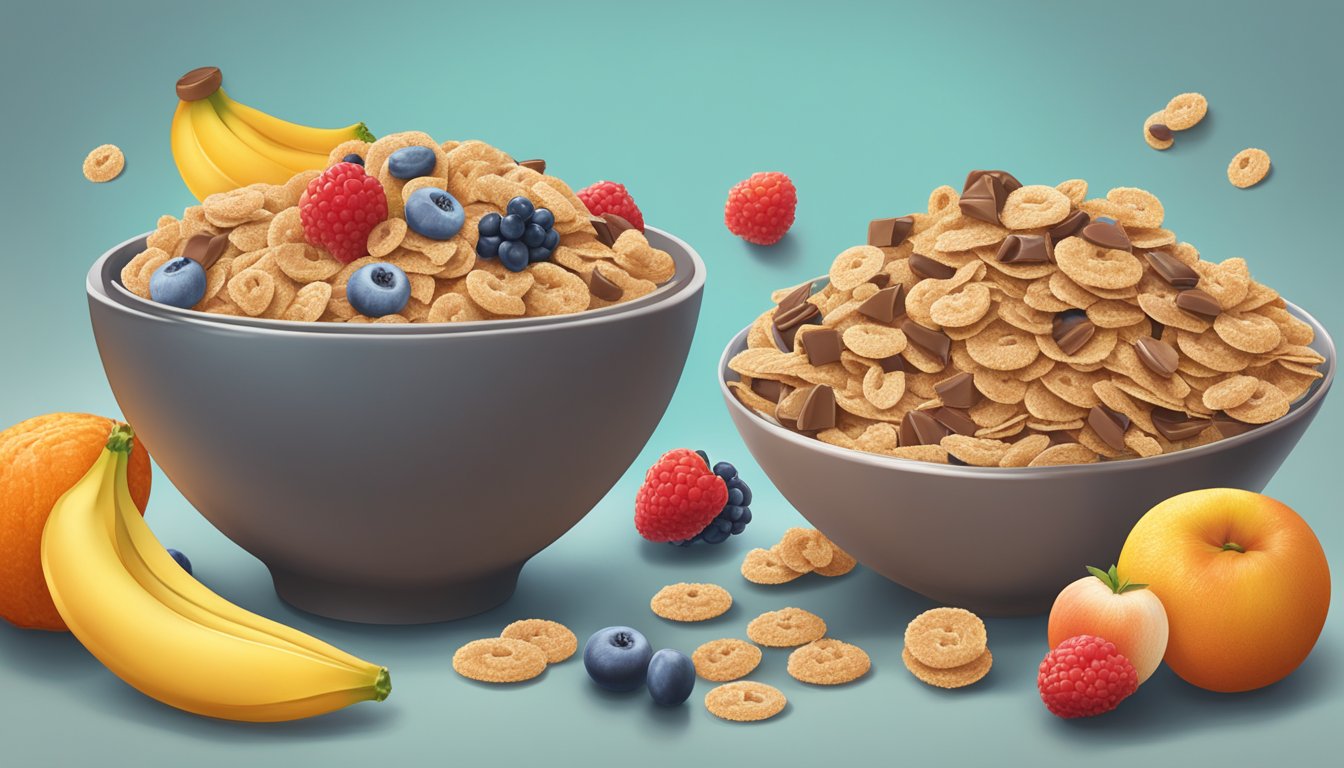 A bowl of All-Bran cereal faces off against a bowl of Count Chocula cereal, surrounded by a selection of fruits and a measuring tape