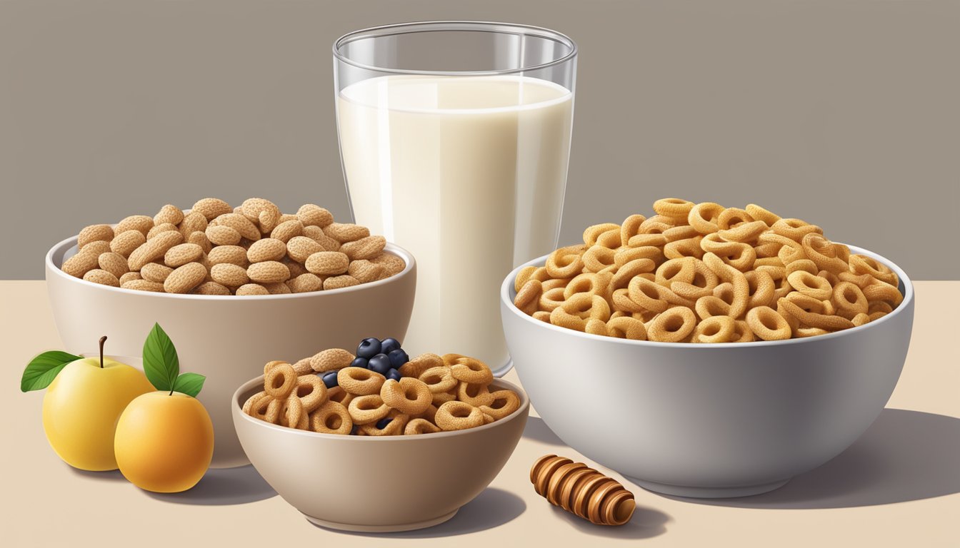 A bowl of All Bran and a bowl of Honey Nut Cheerios side by side, surrounded by a variety of fruits and a glass of milk