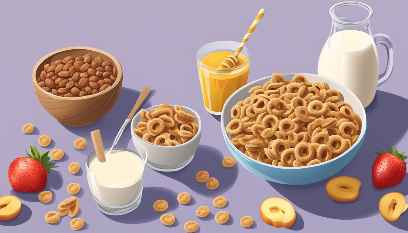 A bowl of All Bran and a bowl of Honey Nut Cheerios surrounded by fresh fruits and a glass of milk