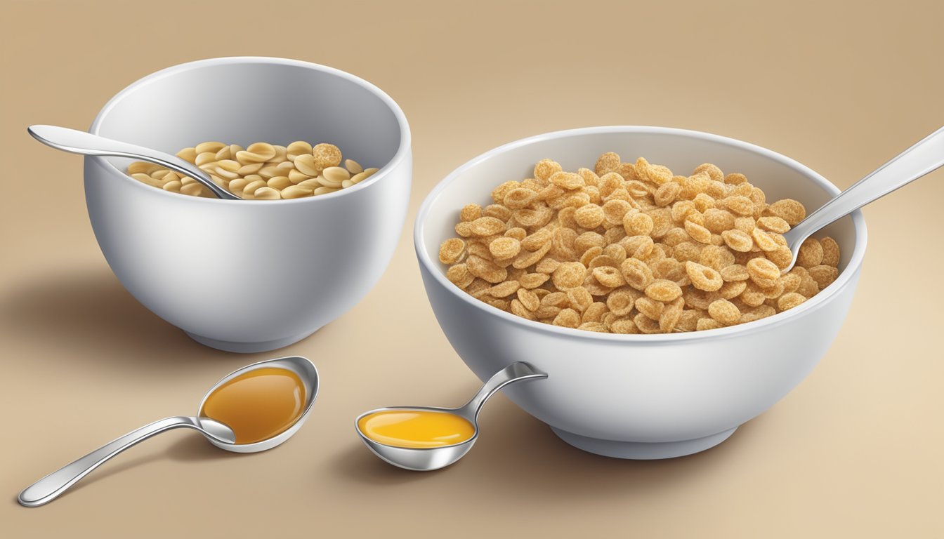 Two cereal bowls side by side, one filled with All-Bran and the other with Honey Smacks. A measuring cup and spoon nearby