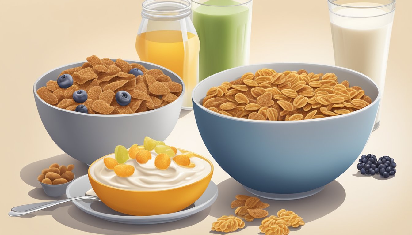 A bowl of All Bran and a bowl of Honey Smacks side by side, surrounded by various fruits and a glass of milk