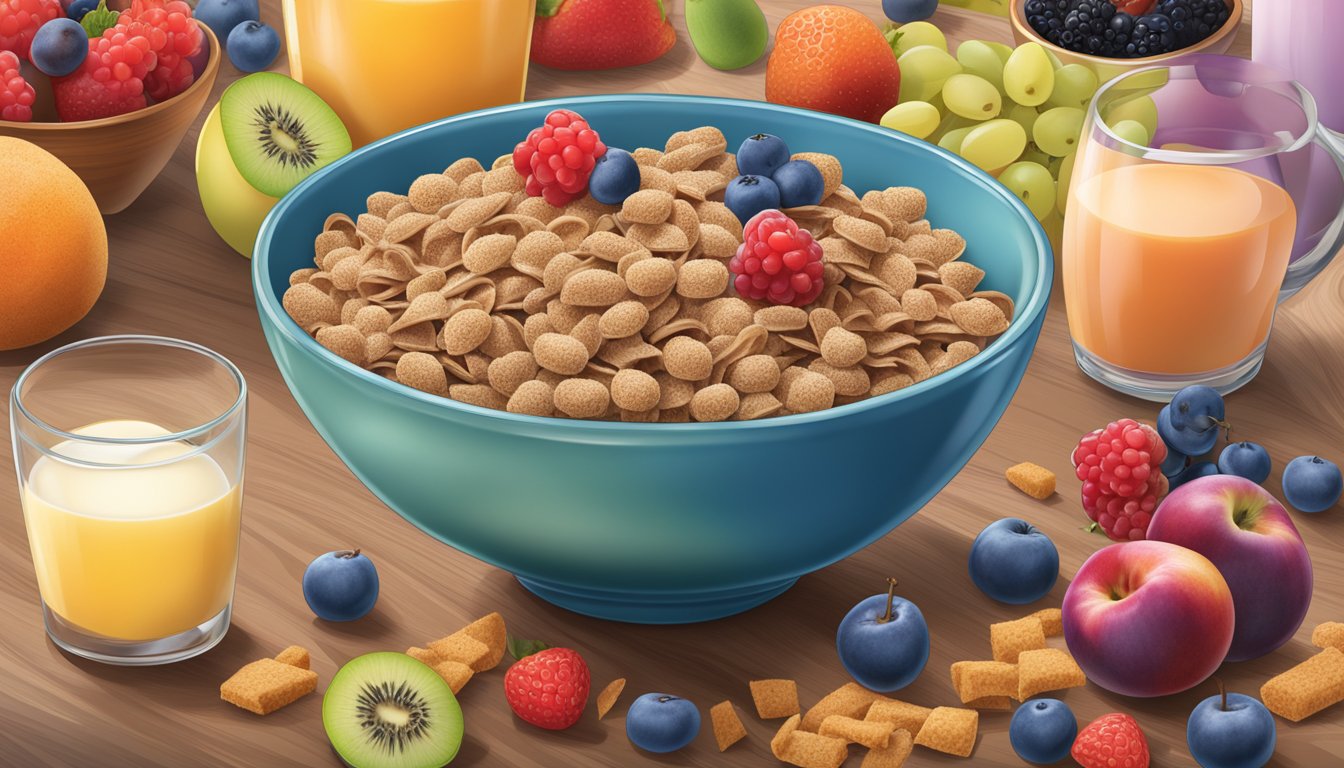 A bowl of All Bran and Kaboom cereal side by side, surrounded by a variety of fruits and milk