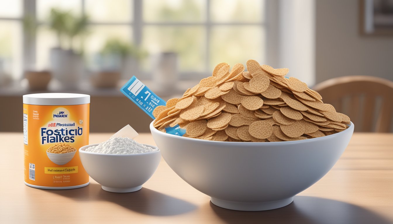 A bowl of All-Bran and Frosted Flakes side by side, with a measuring tape and nutrition labels nearby