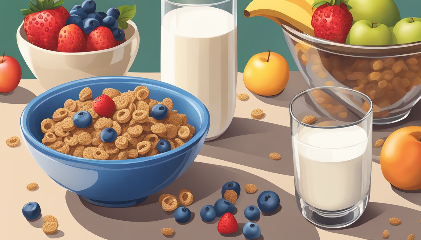 A bowl of All Bran and a bowl of Kaboom cereal sit side by side, surrounded by fresh fruit and a glass of milk