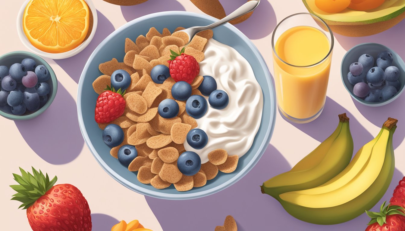 A bowl of All Bran and Kaboom cereal side by side, surrounded by a variety of fresh fruits and a glass of milk