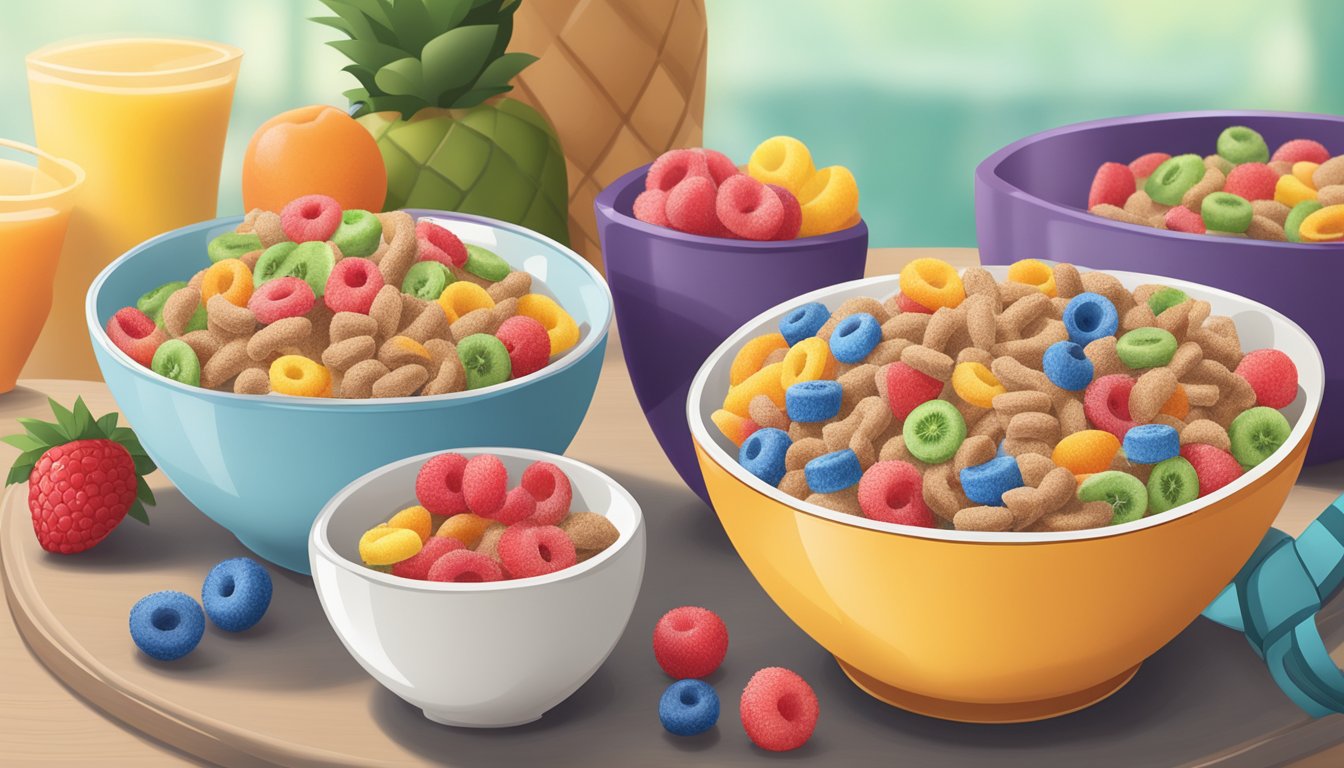 A bowl of All-Bran and a bowl of Froot Loops side by side, with a measuring tape and a pile of fresh fruits in the background