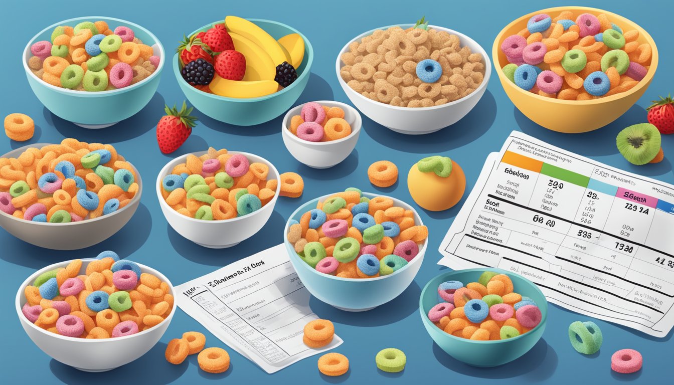 A bowl of All Bran cereal next to a bowl of Froot Loops, surrounded by various fruits and a nutrition label